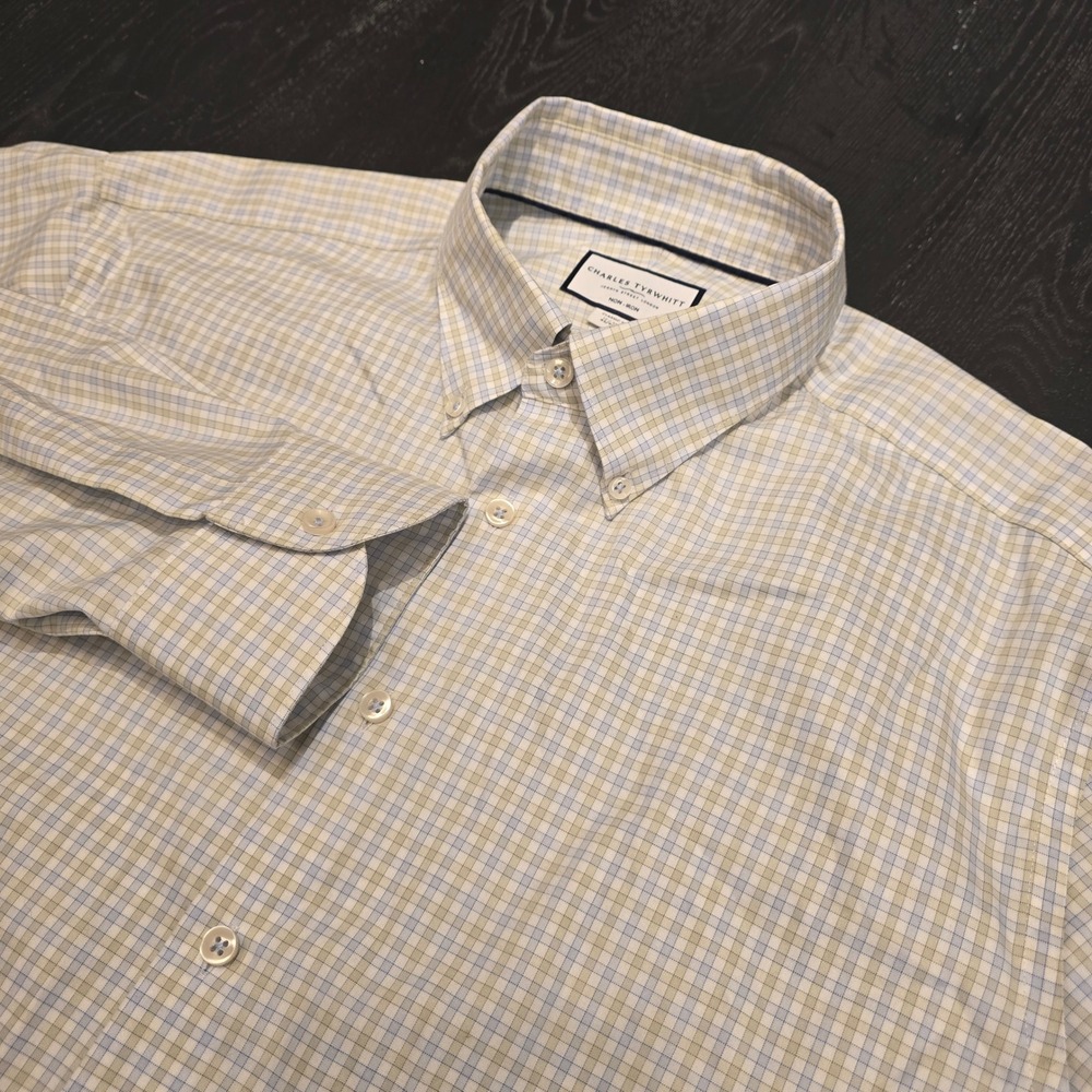 Charles Tyrwhitt Classic Fit Non-Iron Shirt 17/37 Blue Tan Check Button Down